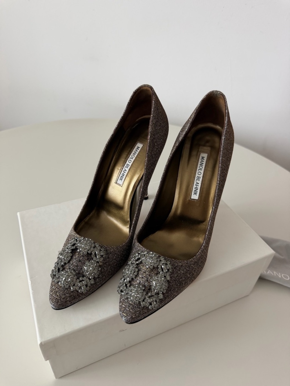 Manolo Blahnik Metallic Bronze Pointed-Toe Pumps with Crystal Embellishment - Picture 8 of 10